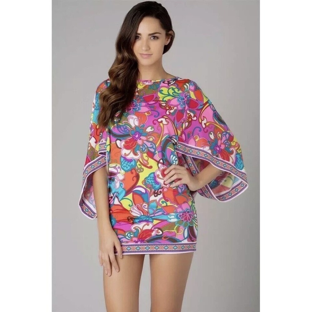 Trina Turk Womens Psychedelic Floral Mini Dress Beach Cover Up Size XS Boho